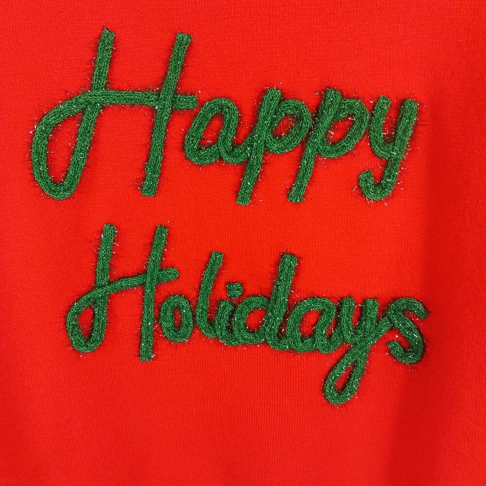 Main Strip, Happy Holidays Tinsel Sweater, Red W/ Green SZ MED, Novelty, Festive - Picture 10 of 15